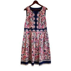 Talbots Fit & Flare Paisley Dress Size 14 Blue Pink White EUC Preppy